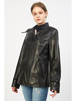Nero Leather Fur Süet Biye Detaylı Kadın Deri Ceket