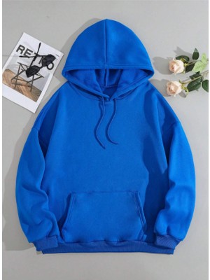 One Button Unisex Saks Mavisi Kanguru Cepli Kapüşonlu Sweatshirt Saks Mavisi Hoodie