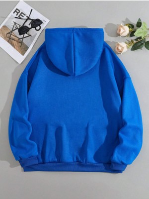 One Button Unisex Saks Mavisi Kanguru Cepli Kapüşonlu Sweatshirt Saks Mavisi Hoodie