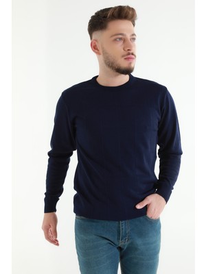 Julude Lacivert Erkek Bisiklet Yaka Desenli Triko Kazak P-00005896