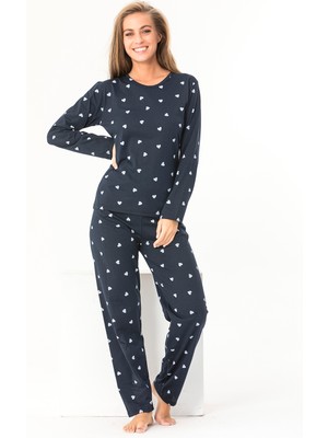 Sude Homewear Sudehomewear Uzun Kol Beyaz Kalp Desenli Pijama Takımı