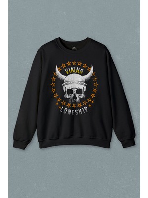 So Cool Viking Skull With Circle Of Stars Longship Kuru Kafa Baskılı Sweatshirt