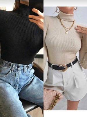 Mavimoure 2 Li Paket Boğazlı  Dar Kesim  Triko Kazak Balıkçı Yaka Kazak