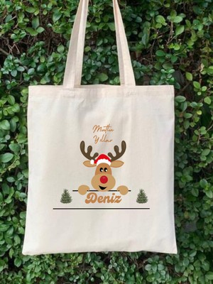 Cemira Yılbaşı Hediyesi Kişiye Özel Isimli Geyikli Yeniyıl Temalı Bez Çanta Tote Bag