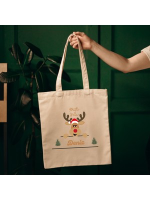 Cemira Yılbaşı Hediyesi Kişiye Özel Isimli Geyikli Yeniyıl Temalı Bez Çanta Tote Bag