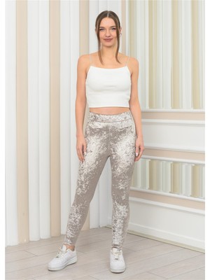 Nuseel Kadın Janjanlı Kadife Ligralı Tayt Gri