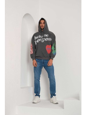 Black Horn Lucky Me I See Ghosts Kanye Baskılı Kapüşonlu Oversize Sweatshirt