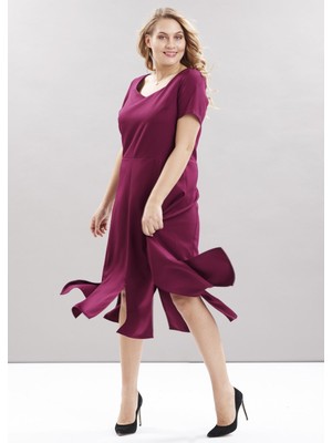 Even Plus Size Bordo Etekleri Yırtmaçlı Büyük Beden Elbise 48 Beden