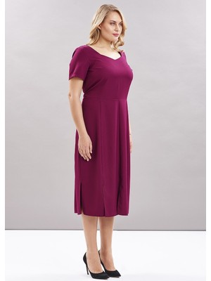 Even Plus Size Bordo Etekleri Yırtmaçlı Büyük Beden Elbise 48 Beden