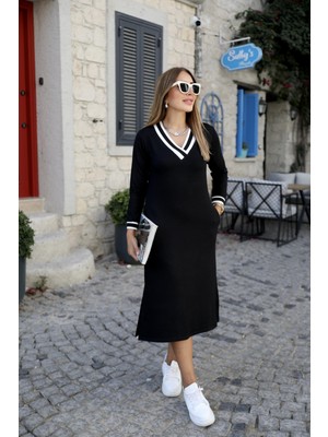 Ozm Giyim Kadın Yakası Ve Kolu Ribanalı Viskoın Iki İplik Kumaş Elbise