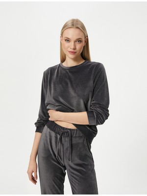 Koton Kışlık Pijama Üstü Kadife Yumuşak Dokulu Uzun Kollu Bisiklet Yaka