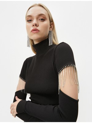 Koton Crop Tişört Uzun Kollu Pencere ve Metal Aksesuarlı