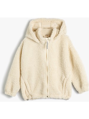 Koton Peluş Kapşonlu Sweat Dik Yaka Fermuarlı Cepli Uzun Kollu
