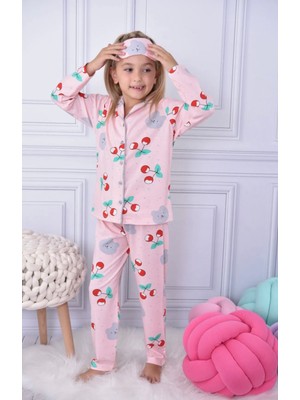 Lolliboom Kids Kiraz Desen Düğme Kapama Pijama Takımı Göz Uyku Bandı