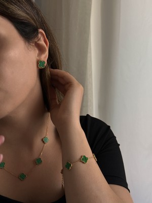 Inure Jewelry Glare Yeşil Yonca Van Cleef Model Üçlü Takı Seti