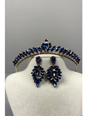 Hayalperest Boncuk Lacivert  Gold Ece Gelin Kına Tacı ve Ince Mekik Taşlı Küpe Seti