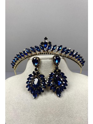 Hayalperest Boncuk Lacivert  Gold Ece Gelin Kına Tacı ve Damla Mekik Taşlı Küpe Seti