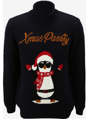 Fabrika Lacivert Erkek Balıkçı Yaka Basic Jakarlı Yılbaşı Temalı Kazak F3WM-KZK-998