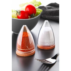 2 Li Lux Ahşap Altlıklı Piramit Modelli Tuzluk Biberlik Seti - Silikon Kapaklı Damla Baharatlık 80 ml