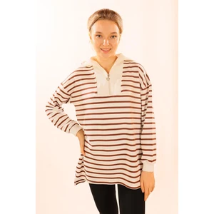 6861 Fermuarlı Çizgili Sweat Kahve