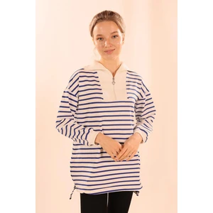 6861 Fermuarlı Çizgili Sweat Saks