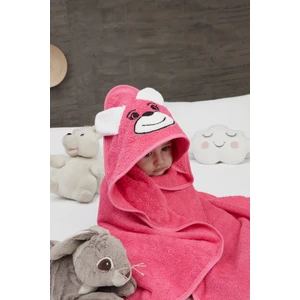 Pupy Bear Pamuklu Kapşonlu Kız-erkek Yenidoğan Bebek Kundak Havlusu Nakış Işlemeli Fuşya 100x100cm