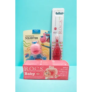 R.O.C.S. Baby 0-3 Yaş Elma Püresi Diş Macun 45g+Mcn Sıkacağı Pembe+ Kırmızı Diş Frc Set-Yeni Ambalaj