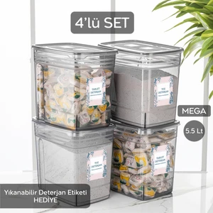 Meleni Home 4'lü Set - Jumbo Toz ve Tablet Deterjan Saklama Kabı -Kapaklı Çok Amaçlı Saklama Kutusu 4x5,5 Lt