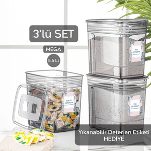 Meleni Home 3 Adet 5,5 Litre Jumbo Saklama Kutusu - Lena Banyo Düzenleyici Etiketli Tablet Deterjan Saklama Kabı