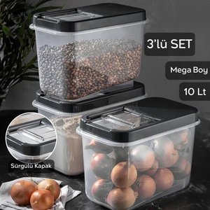 Meleni Home 3'lü Multibox 10 Lt Bakliyat Saklama Kabı - Kayar Kapaklı Erzak Saklama Kabı Un Kabı Antrasit