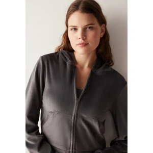 Antrasit Kapüşonlu Yumuşak Dokulu Kadife Sweatshirt
