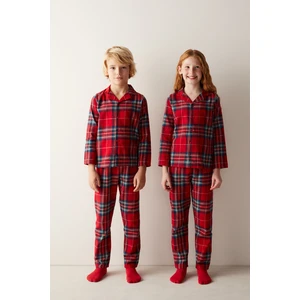 Unisex Çocuk Kareli Kırmızı Gömlek Pantolon Pijama Takımı