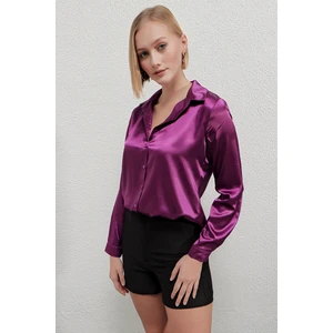 Kadın Mor Hafif Dökümlü Saten Yüzeyli Gömlek HZL22W-BD139641