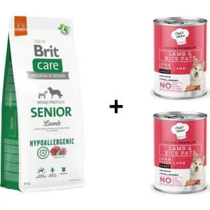 Brit Care Hypo-Allergenic Tüm Irklar Için Kuzulu ve Pirinçli Yaşlı Köpek Maması 12 kg + 2 Adet Chefs Choice Kuzulu Pirinçli Ezme Yetişkin Köpek Konseve Maması 400 gr