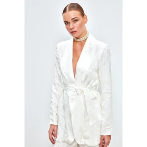 Desenli Uzun Ceket - Ekru