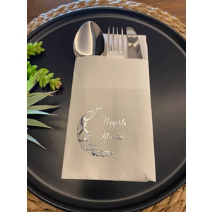 Gümüş Yaldızlı Hayırlı İftarlar Ay Desenli 12'li Beyaz Renkli Kağıt Cepli Peçete