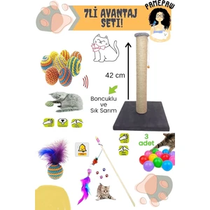 7'li Set: Kedi Tırmalama Tahtası , Sarma Top , Renkli Oyun Topu 3'lü , Tüylü Top ve Kedi Oltası Seti