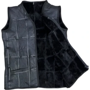 LN Leather Patchwork Içi Kürk Dışı Süet Deri Biye Detaylı Yelek