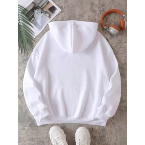 One Button Unisex Beyaz Kanguru Cepli Kapüşonlu Sweatshirt Beyaz Hoodie