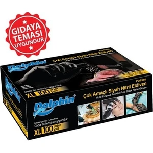 Dolphin 1 Paket Tek Kullanımlık Lateks Siyah Pudrasız Nitril Muayne Eldiveni Büyükboy Xl