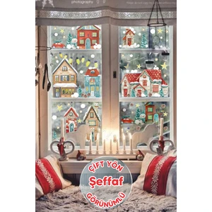 Yılbaşı Şeffaf Karlı Şehir Yeni Yıl Çocuk Bebek Odası Sticker Seti - Çift Yön Görünümlü