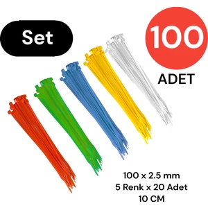 Plastik Kablo Bağı Klipsi Cırt Kelepçe Karışık Renk Set 100 mm 5 Renk x 20 Toplam 100 Adet