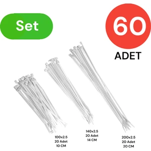 Plastik Kablo Bağı Klipsi Cırt Kelepçe Set 100-150-250 x 2.5 mm Beyaz (20 x 3) 60 Adet