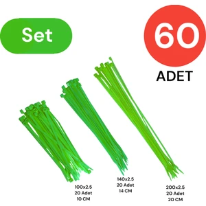 Plastik Kablo Bağı Klipsi Cırt Kelepçe Set 100-150-200 x 2.5 mm Yeşil (20 x 3) 60 Adet