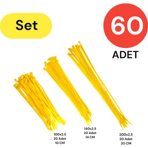 Plastik Kablo Bağı Klipsi Cırt Kelepçe Set 100-150-200 x 2.5 mm Sarı (20 x 3) 60 Adet