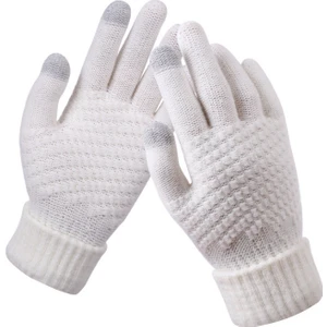 Kadın Kış Dokunmatik Ekran Eldiveni Sıcak Polar Astarlı Örgü Eldiven Elastik Manşet Kış Manifatura Eldiveni, Beyaz (Yurt Dışından)