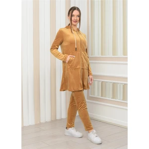 Kadın Kapşonlu Fermuarlı Tunik Pantolon Ikili Takım Taba