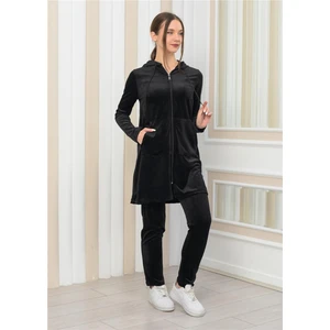 Kadın Kapşonlu Fermuarlı Tunik Pantolon Ikili Takım Siyah