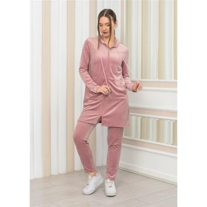 Kadın Kapşonlu Fermuarlı Tunik Pantolon Ikili Takım Pudra