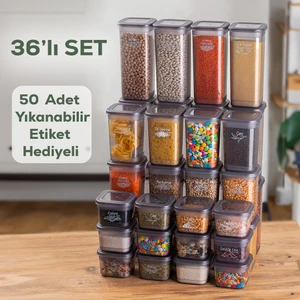 433-GR-6 36 Lı Kare Etiketli Gıda Erzak Baharat Saklama Kabı Seti 12X(0.60+1.30+1.90) Lt Gri